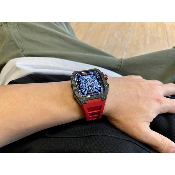 Apple Watch RSC-Carbon 44mm、45mm 黑色碳纖維銀框手錶殼(紅色錶冠雙環+紅色橡膠錶帶) Apple Watch手錶殼,Apple Watch不鏽鋼殼,Apple Watch保護殼,Apple Watch鋁合金殼,Apple Watch碳纖維殼,Apple Watch錶帶