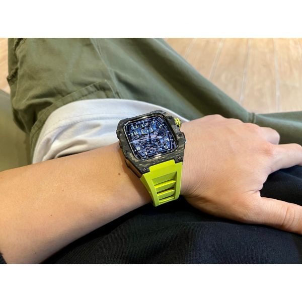 Apple Watch RSC-Carbon 44mm、45mm 黑色碳纖維銀框手錶殼(檸檬黃錶冠雙環+檸檬黃橡膠錶帶) Apple Watch手錶殼,Apple Watch不鏽鋼殼,Apple Watch保護殼,Apple Watch鋁合金殼,Apple Watch碳纖維殼,Apple Watch錶帶