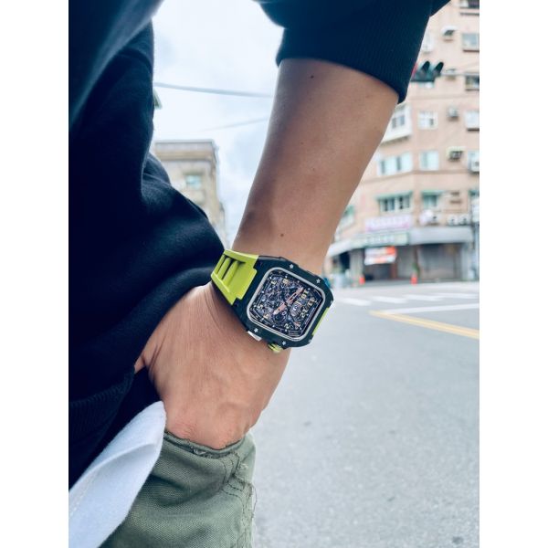 Apple Watch RSC-Carbon 44mm、45mm 黑色碳纖維銀框手錶殼(檸檬黃錶冠雙環+檸檬黃橡膠錶帶) Apple Watch手錶殼,Apple Watch不鏽鋼殼,Apple Watch保護殼,Apple Watch鋁合金殼,Apple Watch碳纖維殼,Apple Watch錶帶