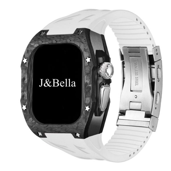 Apple Watch RSC2-Carbon Ultra 49mm 黑銀色碳纖維手錶殼(白色錶冠環+白色橡膠錶帶) Apple Watch手錶殼,Apple Watch不鏽鋼殼,Apple Watch保護殼,Apple Watch鋁合金殼,Apple Watch鈦合金殼,Apple Watch碳纖維殼,Apple Watch透明錶殼,Apple Watch錶帶