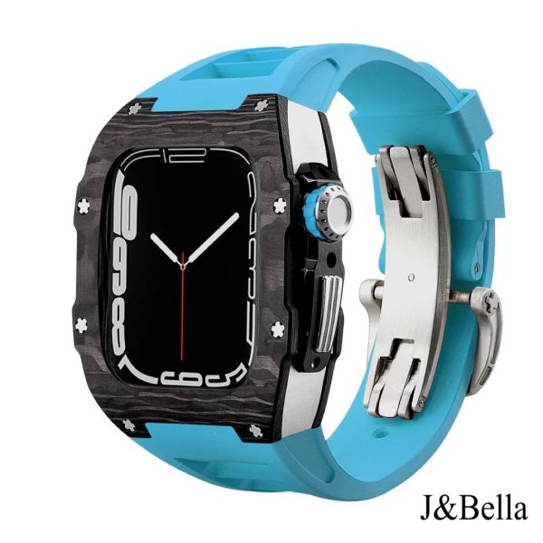 Apple Watch RSC-Carbon 44mm、45mm 黑色碳纖維手錶殼(邁阿密藍錶冠+邁阿密藍橡膠錶帶) Apple Watch手錶殼,Apple Watch不鏽鋼殼,Apple Watch錶殼,Apple Watch保護殼,Apple Watch錶帶
