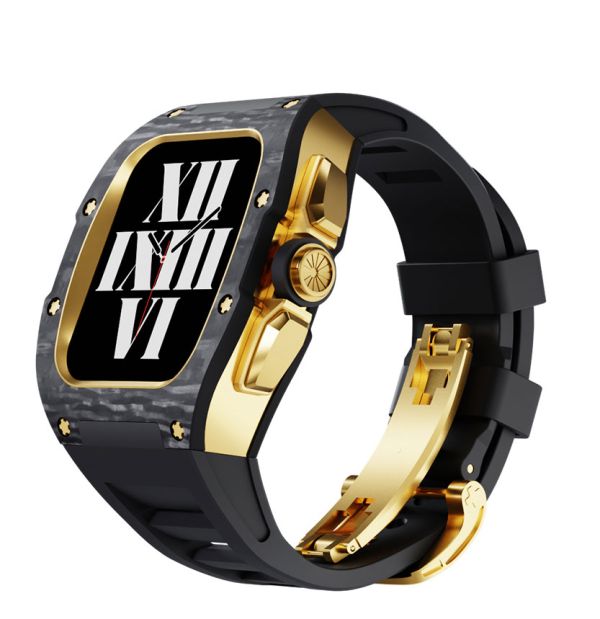 Apple Watch RSC3-Carbon 44mm、45mm 黑金色碳纖維手錶殼(黑色錶冠環+黑色橡膠錶帶) Apple Watch手錶殼,Apple Watch不鏽鋼殼,Apple Watch保護殼,Apple Watch鋁合金殼,Apple Watch鈦合金殼,Apple Watch碳纖維殼,Apple Watch透明錶殼,Apple Watch錶帶