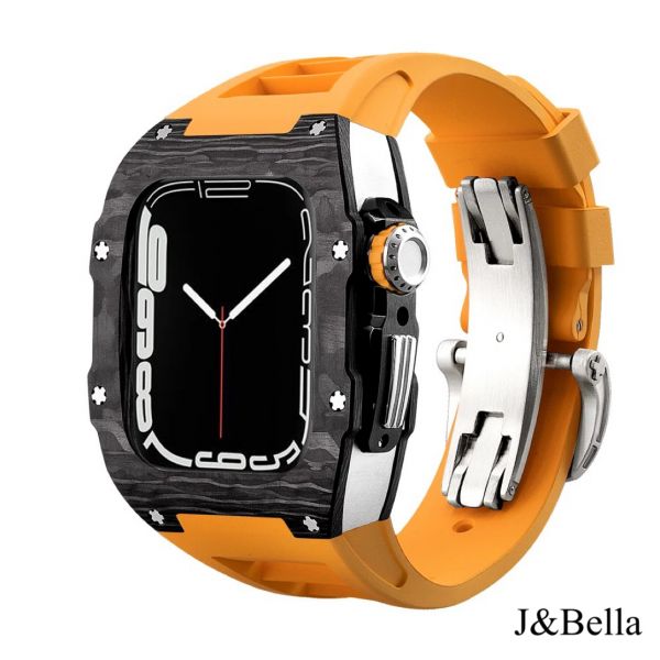 Apple Watch RSC-Carbon 44mm、45mm 黑色碳纖維手錶殼(橘色錶冠+橘色橡膠錶帶) Apple Watch手錶殼,Apple Watch不鏽鋼殼,Apple Watch錶殼,Apple Watch保護殼,Apple Watch錶帶