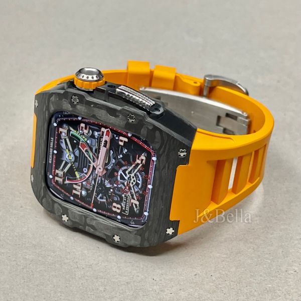 Apple Watch RSC-Carbon 44mm、45mm 黑色碳纖維手錶殼(橘色錶冠+橘色橡膠錶帶) Apple Watch手錶殼,Apple Watch不鏽鋼殼,Apple Watch錶殼,Apple Watch保護殼,Apple Watch錶帶
