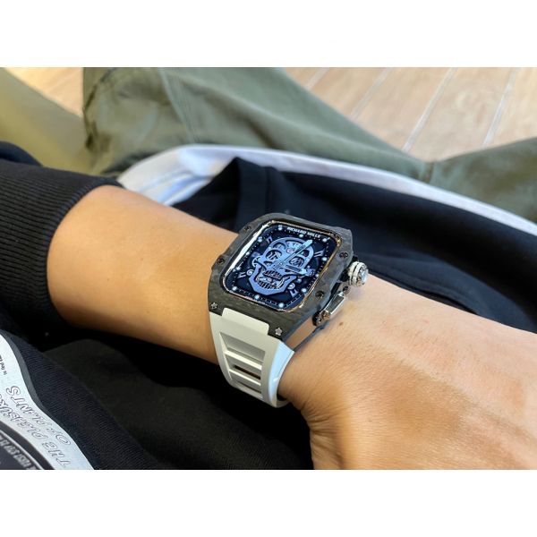 Apple Watch RSC-Carbon 44mm、45mm 黑色碳纖維銀框手錶殼(白色錶冠雙環+白色橡膠錶帶) Apple Watch手錶殼,Apple Watch不鏽鋼殼,Apple Watch保護殼,Apple Watch鋁合金殼,Apple Watch碳纖維殼,Apple Watch錶帶