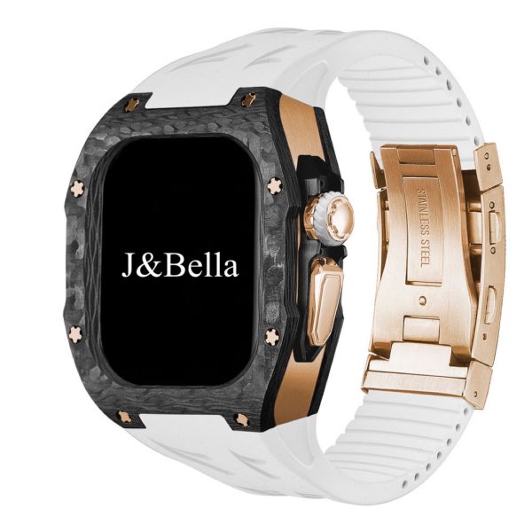 Apple Watch RSC2-Carbon Ultra 49mm 黑玫瑰金色碳纖維手錶殼(白色錶冠環+白色橡膠錶帶) Apple Watch手錶殼,Apple Watch不鏽鋼殼,Apple Watch保護殼,Apple Watch鋁合金殼,Apple Watch鈦合金殼,Apple Watch碳纖維殼,Apple Watch透明錶殼,Apple Watch錶帶
