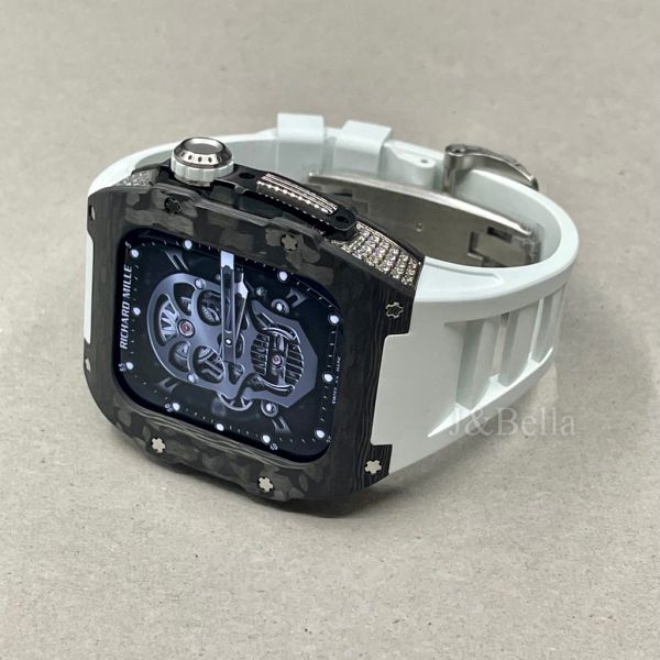 Apple Watch Carbon-D 44mm、45mm 碳纖維鑲鋯石手錶殼(白色錶冠環+白色橡膠錶帶) Apple Watch手錶殼,Apple Watch不鏽鋼殼,Apple Watch保護殼,Apple Watch鋁合金殼,Apple Watch鈦合金殼,Apple Watch碳纖維殼,Apple Watch透明錶殼,Apple Watch錶帶