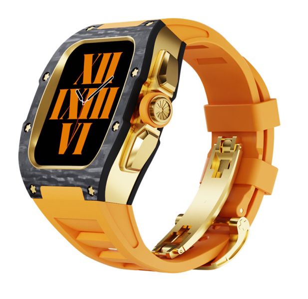 Apple Watch RSC3-Carbon 44mm、45mm 黑金色碳纖維手錶殼(橙色錶冠環+橙色橡膠錶帶) Apple Watch手錶殼,Apple Watch不鏽鋼殼,Apple Watch保護殼,Apple Watch鋁合金殼,Apple Watch鈦合金殼,Apple Watch碳纖維殼,Apple Watch透明錶殼,Apple Watch錶帶