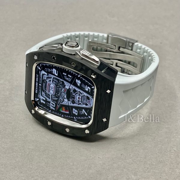 Apple Watch RSC2-Carbon 44mm、45mm 黑銀碳纖維手錶殼(白色錶冠環+白色橡膠錶帶) Apple Watch手錶殼,Apple Watch不鏽鋼殼,Apple Watch保護殼,Apple Watch鋁合金殼,Apple Watch鈦合金殼,Apple Watch碳纖維殼,Apple Watch透明錶殼,Apple Watch錶帶