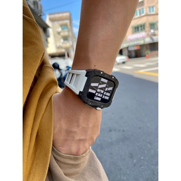 Apple Watch RSC-Carbon 44mm、45mm 黑色碳纖維手錶殼(白色錶冠+白色橡膠錶帶) Apple Watch手錶殼,Apple Watch不鏽鋼殼,Apple Watch錶殼,Apple Watch保護殼,Apple Watch錶帶
