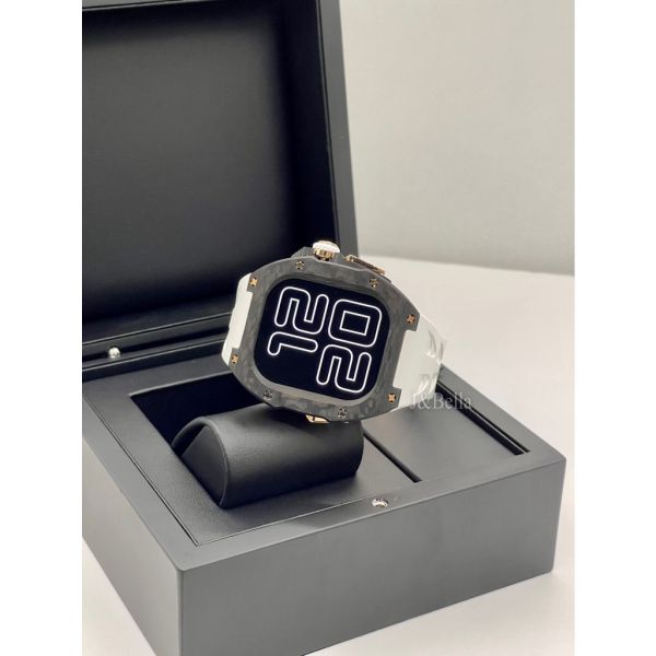 Apple Watch RSC2-Carbon Ultra 49mm 黑玫瑰金色碳纖維手錶殼(白色錶冠環+白色橡膠錶帶) Apple Watch手錶殼,Apple Watch不鏽鋼殼,Apple Watch保護殼,Apple Watch鋁合金殼,Apple Watch鈦合金殼,Apple Watch碳纖維殼,Apple Watch透明錶殼,Apple Watch錶帶