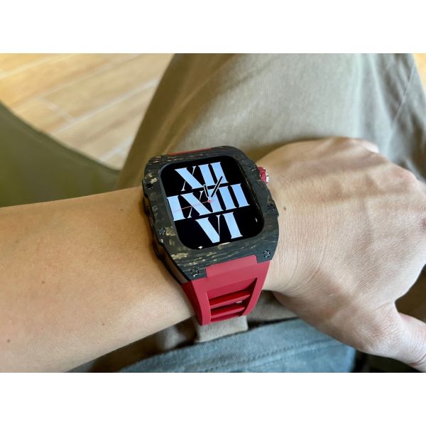 Apple Watch RSC-Carbon 44mm、45mm 黑色碳纖維手錶殼(紅色錶冠+紅色橡膠錶帶) Apple Watch手錶殼,Apple Watch不鏽鋼殼,Apple Watch錶殼,Apple Watch保護殼,Apple Watch錶帶