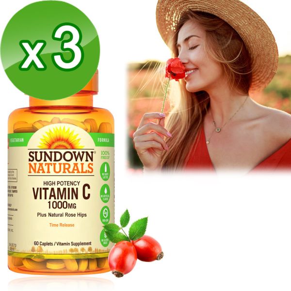 Sundown日落恩賜 緩釋型C 1000MG Plus玫瑰果錠x3瓶組(60錠/瓶) 維他命C,維生素C,膠原蛋白,鐵,抗氧化,長效型,玫瑰果