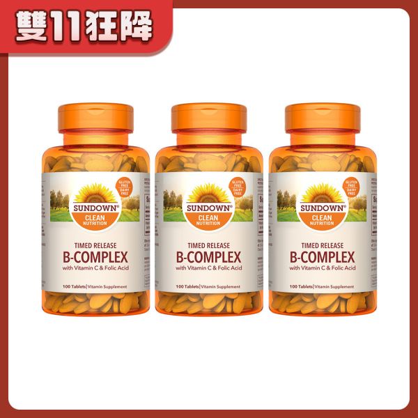 Sundown日落恩賜 緩釋型超級B群+C錠-B12強化配方x3瓶組(100錠/瓶)_效期至2026/10/31 B群,維他命C,體力,精神,B12,長效型B群