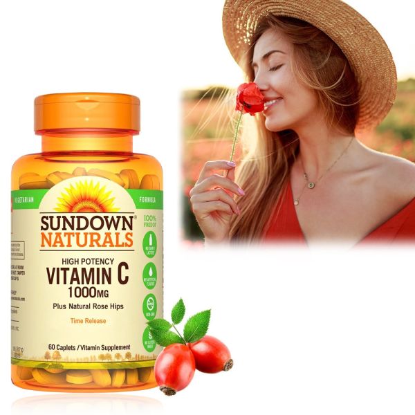 【即期品】Sundown日落恩賜 緩釋型C 1000MG Plus玫瑰果錠(60錠/瓶)_效期至2026/1/31 維他命C,維生素C,膠原蛋白,鐵,抗氧化,長效型,玫瑰果
