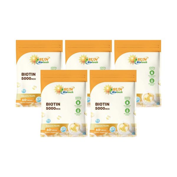 【狂降5折】Sun日落恩賜 生物素5000mcg+鈣錠x5袋組(60錠/袋)_效期2027/6/30 生物素,鈣,維生素B7,維生素H,新陳代謝,咖啡因洗髮露