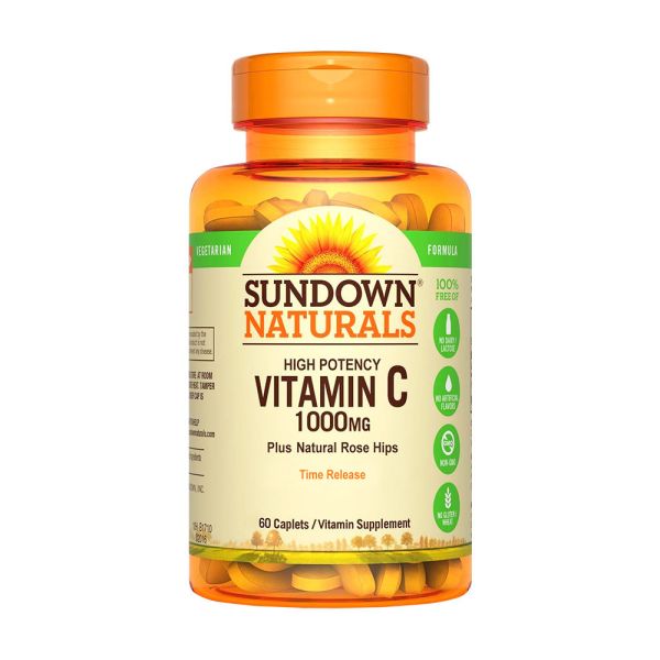 【即期品】Sundown日落恩賜 緩釋型C 1000MG Plus玫瑰果錠(60錠/瓶)_效期至2026/1/31 維他命C,維生素C,膠原蛋白,鐵,抗氧化,長效型,玫瑰果