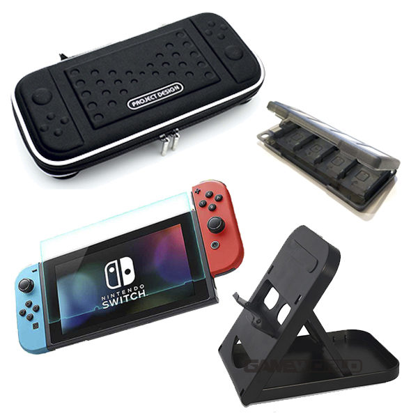 NS 周邊 套餐四件組 ※ 硬殼包+鋼化保護貼+直立架+卡夾盒(8+2入) ※ Nintendo Switch 【最強優惠】 NS,Switch,收納,硬殼,保護貼,直立架,包包,鋼化,保護貼,卡夾盒