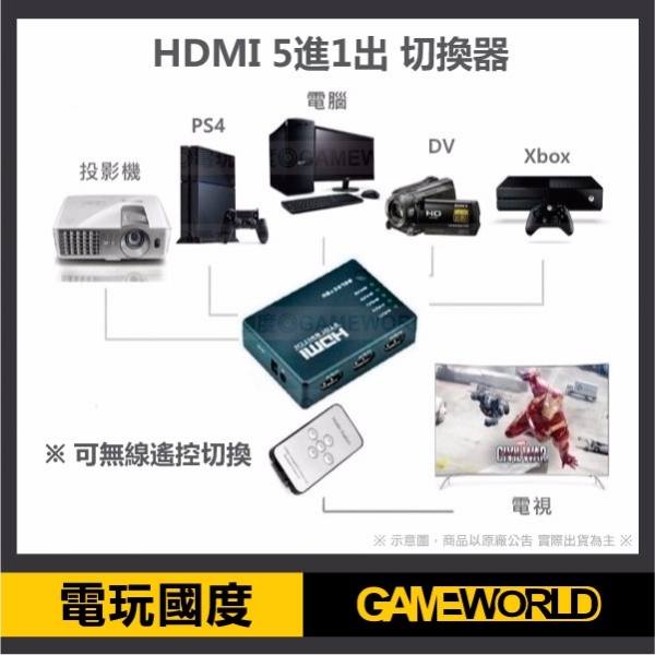 5進1出【HDMI切換器】附遙控 高清影音 1080P HDMI轉換器 分接器 電視盒 PS4 XboxONE SWITCH 3進1出,HDMI切換器,高清影音,1080P,HDM,轉換器,分接器,電視盒,PS4,XboxONE,SWITCH
