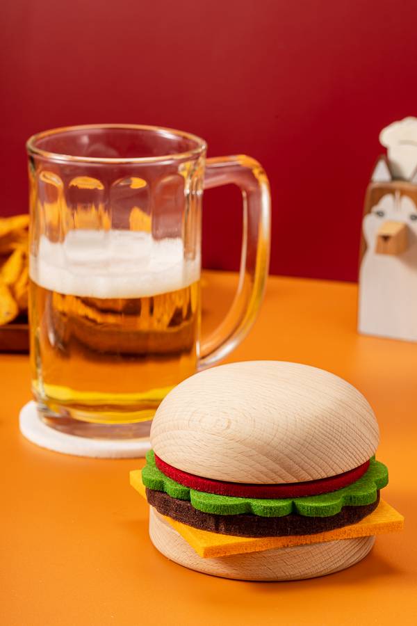 Hamburger Coaster wool felt, wood, coaster