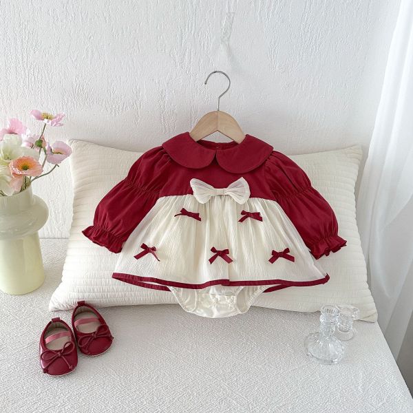 假兩件娃娃領澎袖蝴蝶結包屁裙 