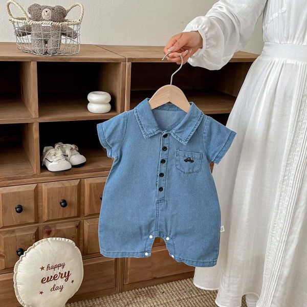 翻領小汽車刺繡牛仔連身裝 