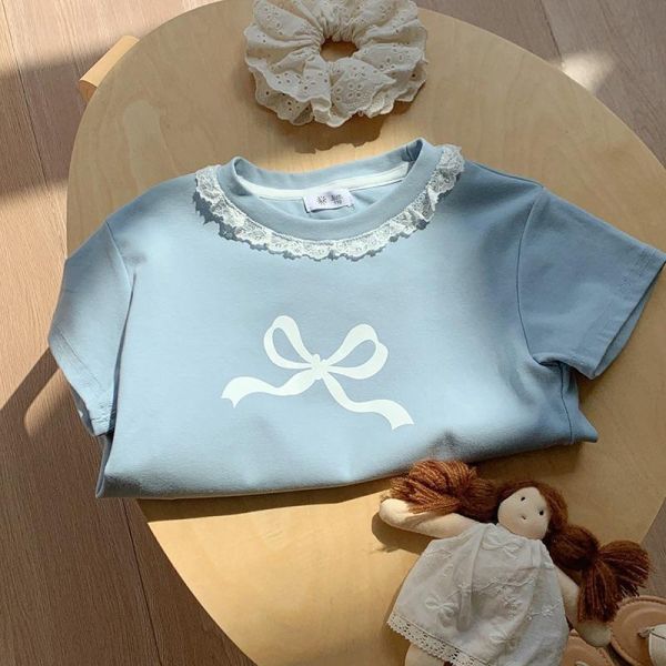 大蝴蝶結印花蕾絲領口上衣 