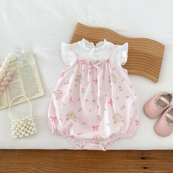 兩件式-木耳背心上衣+蝴蝶結吊帶包屁衣 