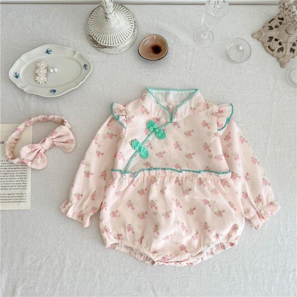 復古甜美旗袍式包屁衣+髮帶 