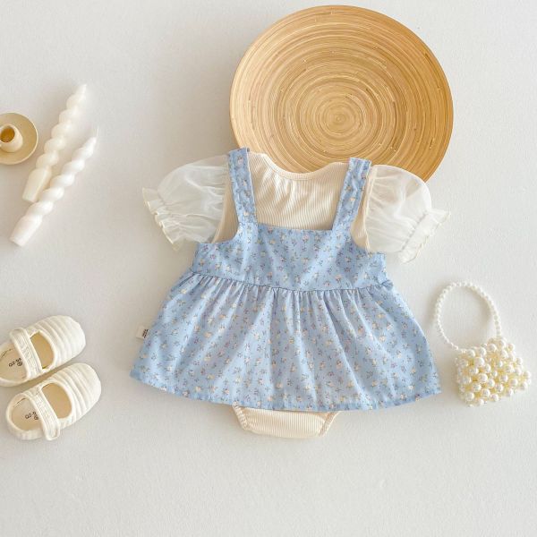 公主澎袖螺紋包屁衣+碎花吊帶裙套裝 