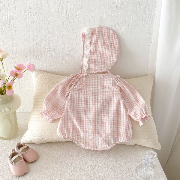 蕾絲蝴蝶結格紋包屁衣(含帽) 