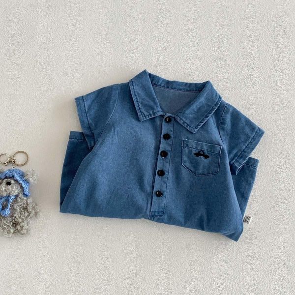 翻領小汽車刺繡牛仔連身裝 