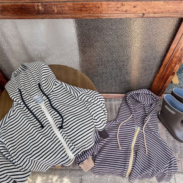 兩色條紋連帽拉鍊外套 