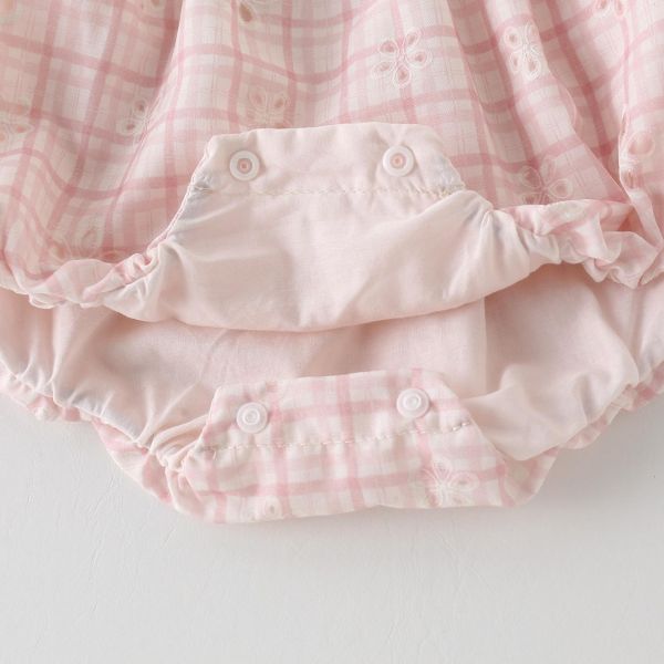 格紋蕾絲圓領飛袖包屁衣 