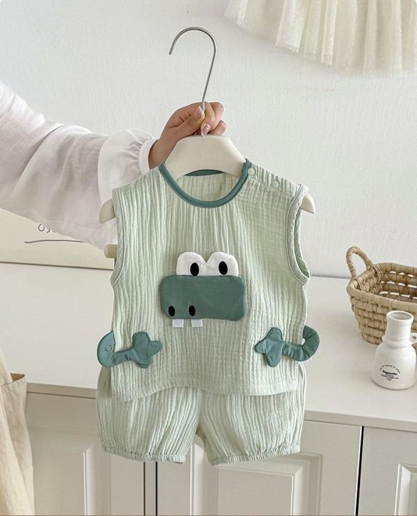 立體鱷魚/綿羊透氣紗布棉兩件式套裝 