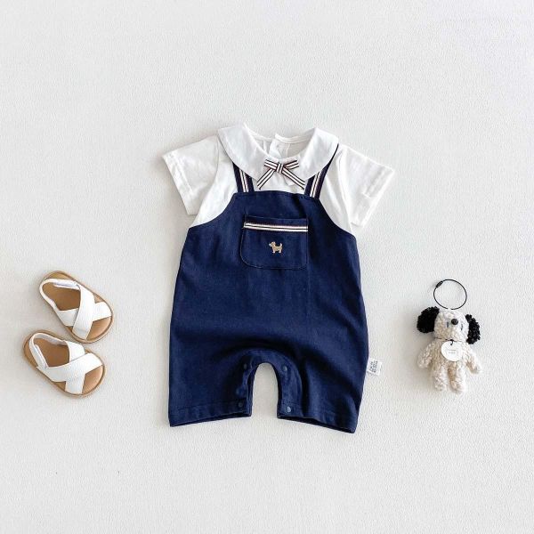 假兩件蝴蝶結翻領背帶連身裝 