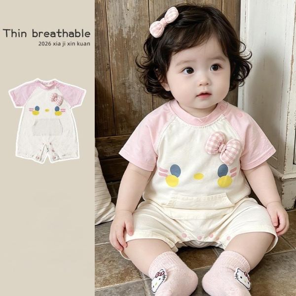 立體蝴蝶結可愛貓咪印花拼袖連身裝 