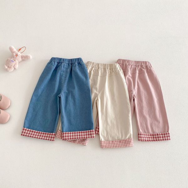 蝴蝶結/小羊格紋反折直筒長褲 