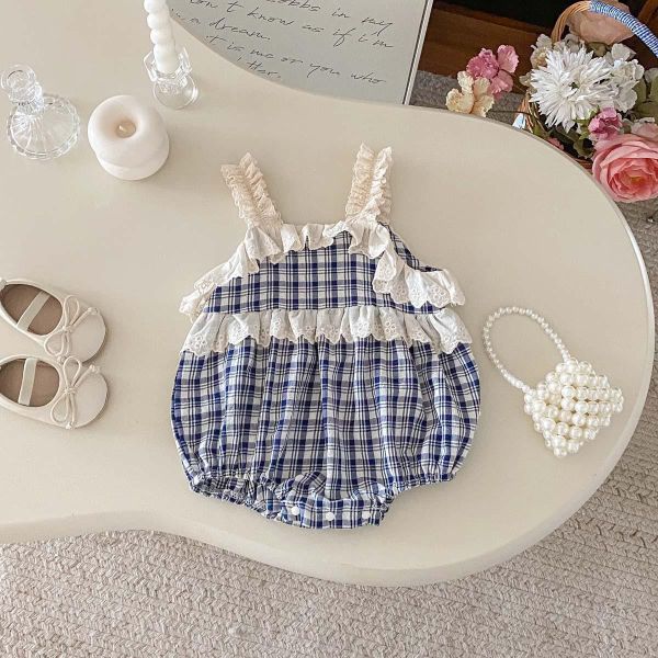 蕾絲拼接格紋/條紋背帶包屁衣 