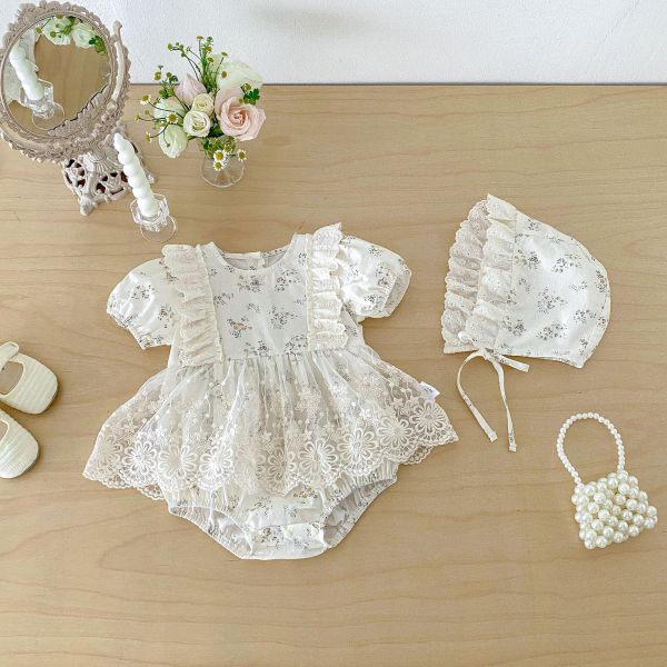 田園碎花蕾絲包屁裙+帽 