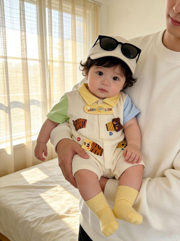 撞色翻領拼袖娃娃小獅子連身裝 