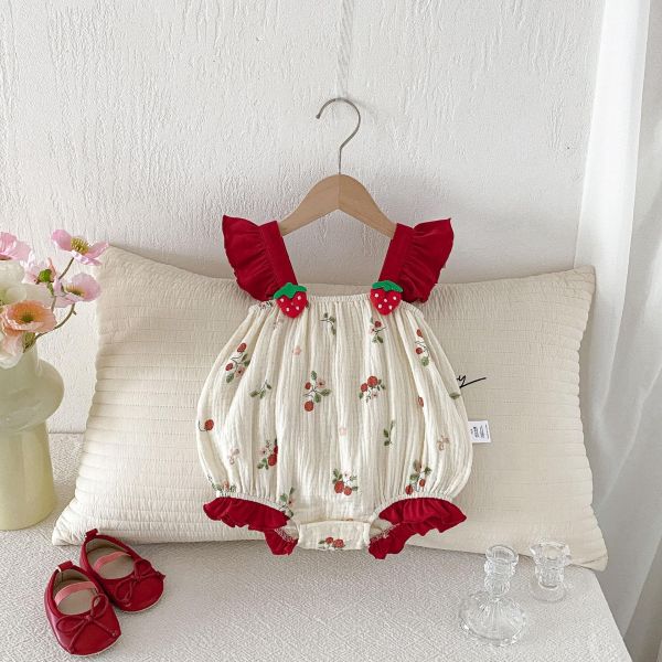 可愛草莓抓皺棉背帶包屁衣 