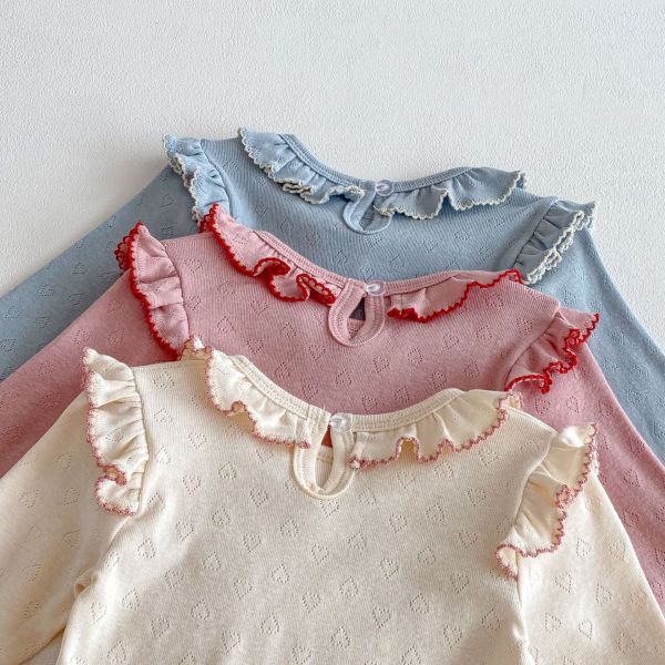 荷葉領甜美素色彈力純棉包屁衣 