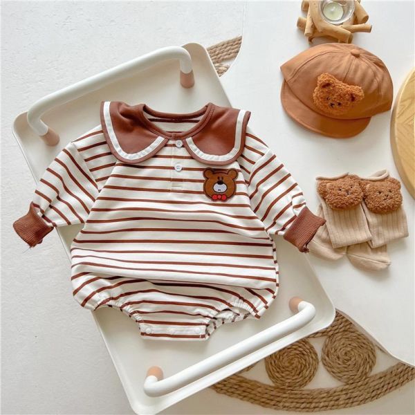 翻領條紋前後領結小熊包屁衣 