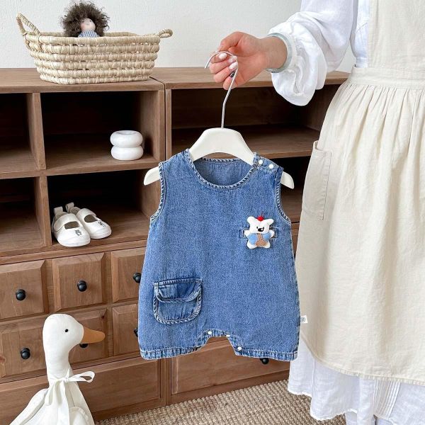 小熊布偶單口袋牛仔連身裝 