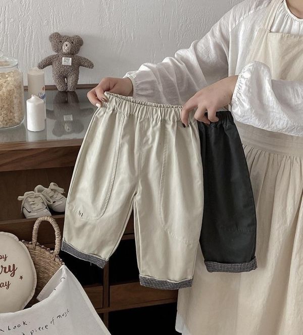 造型反摺格紋素色休閒長褲 