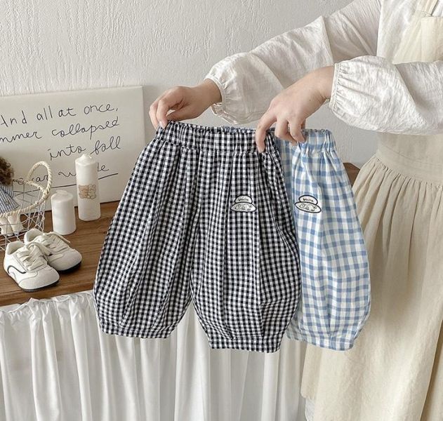 純棉透氣雙色格紋鬆緊燈籠褲 