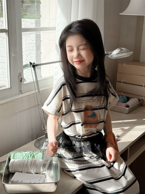 可愛貓咪條紋寬鬆連身裙 
