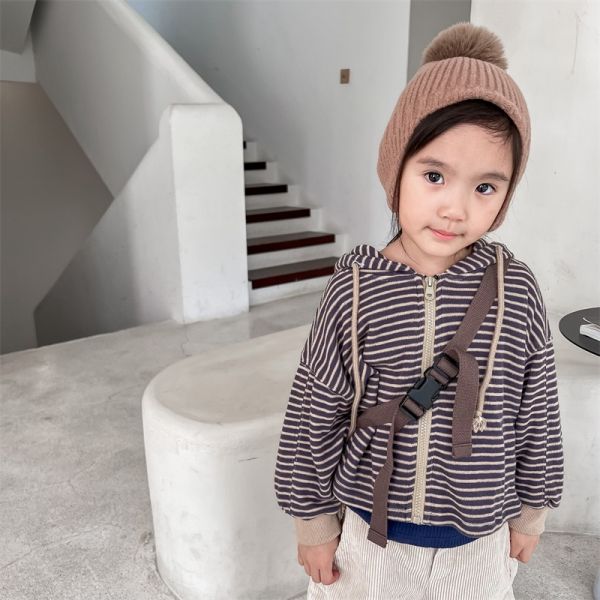 兩色條紋連帽拉鍊外套 