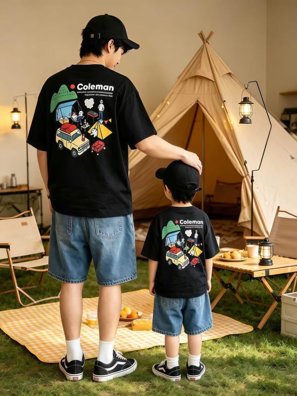 親子裝露營狗狗插畫T恤上衣(2色) 